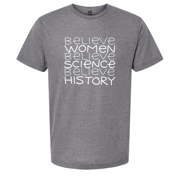 A gray t-shirt with white text printed on it.
