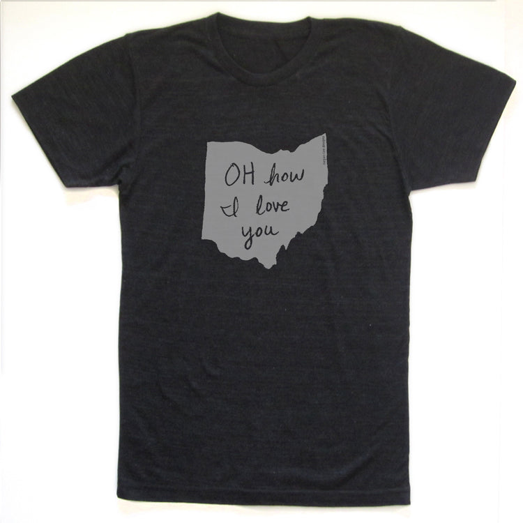 A black t-shirt with a graphic design featuring a handwritten message that reads "OH how I love you" inside a shape resembling the Ohio state map.