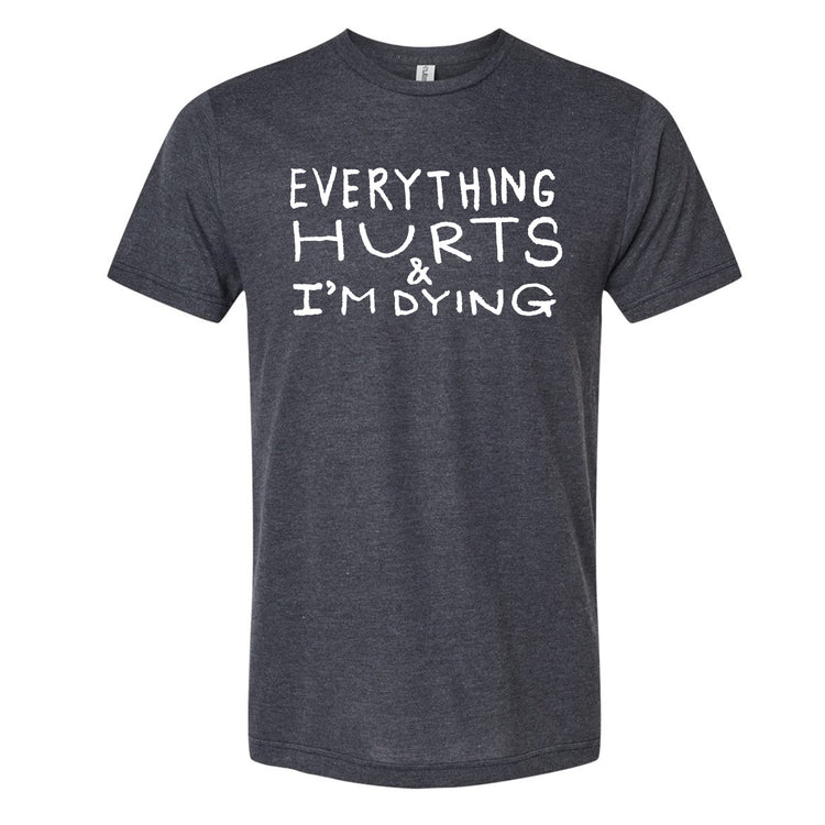 The image is a gray t-shirt with white text printed on it.
