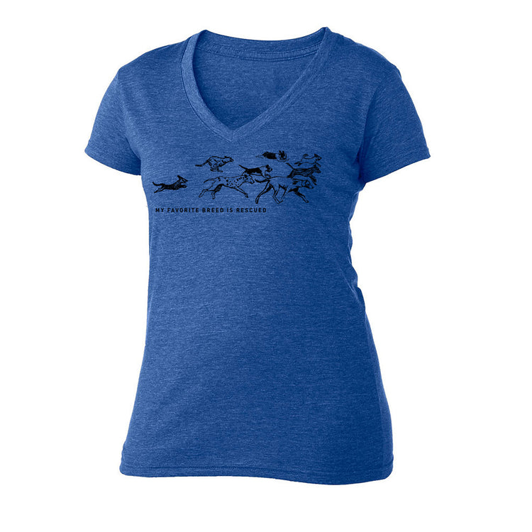 A blue t-shirt with a graphic design depicting a group of dogs running, accompanied by the text "My favorite breed is rescue".