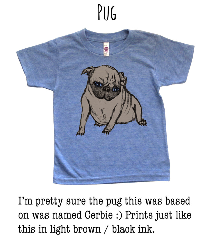 A blue t-shirt with a drawing of a pug dog.