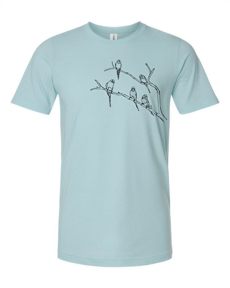 A light blue t-shirt with a black and white graphic design depicting a group of birds perched on a branch.