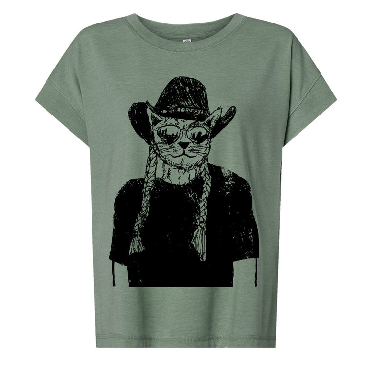 A t-shirt with a graphic design depicting a cat wearing a cowboy hat and sunglasses.