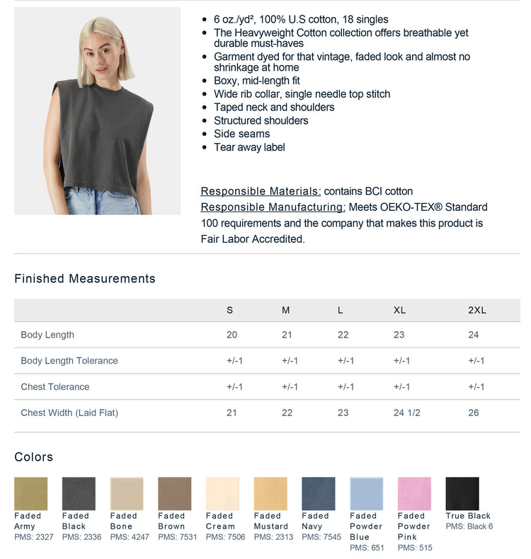 a woman wearing a gray sleeveless top, with various measurements and color swatches displayed.