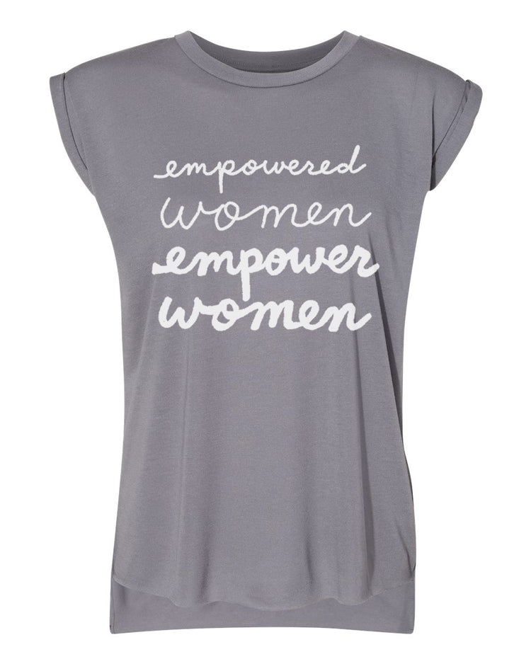 a gray t-shirt with the text "empowered women empower women" printed on it in white lettering.