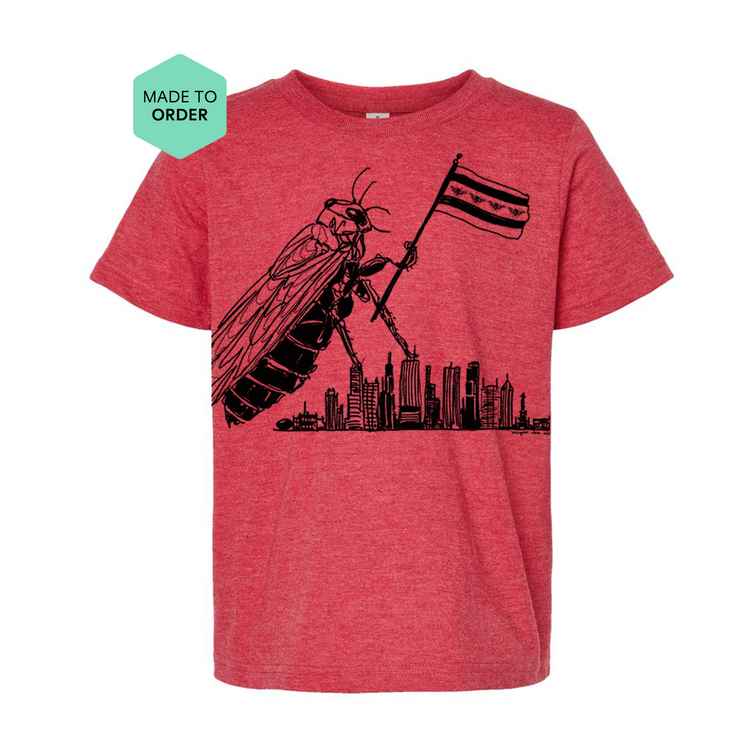 a red t - shirt with a picture of a bug on it