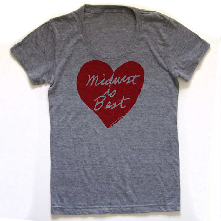 A gray t-shirt with a red heart-shaped graphic and the text "Midwest to Best" printed on it.