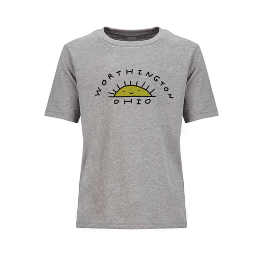 A gray t-shirt with a graphic design featuring a sun and the text " WorthINGTON OHIO" printed on it.