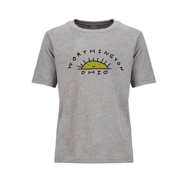 A gray t-shirt with a graphic design featuring a sun and the text " WorthINGTON OHIO" printed on it.