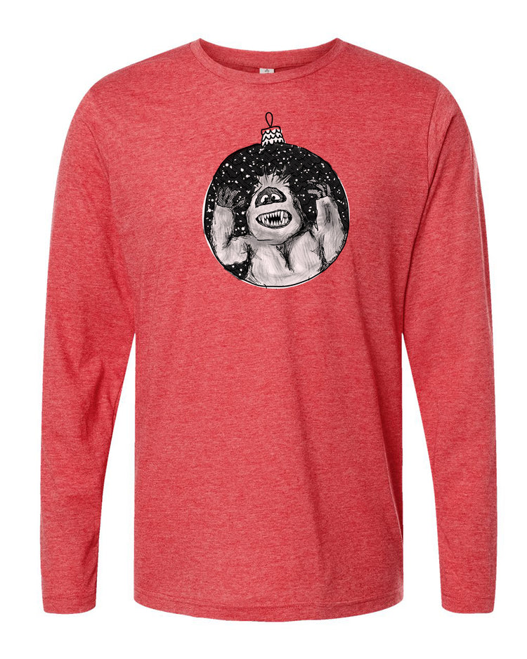 a red shirt with a gorilla wearing a christmas ornament