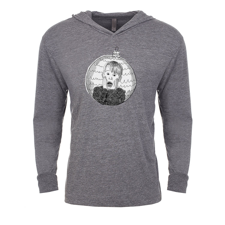 A gray hooded sweatshirt with a graphic design featuring a person's face inside a circular frame.