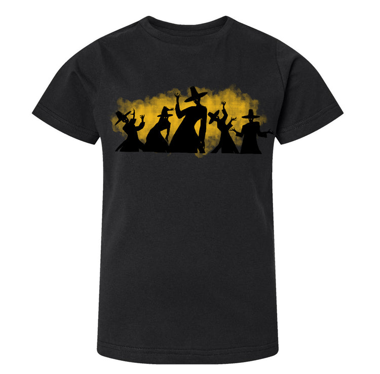A black t-shirt with a graphic design depicting silhouettes of people wearing hats, with a yellow background.