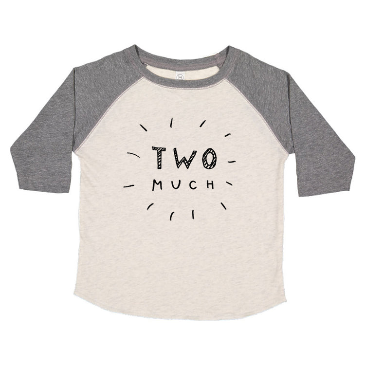 A gray and white long-sleeved shirt with a graphic design on the front that says "TWO MUCH".
