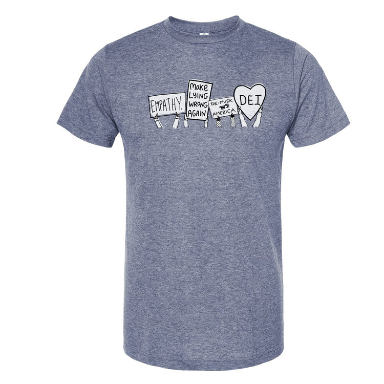 A gray t-shirt with a graphic design featuring a heart and three signs with text.