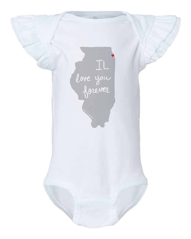 A white baby onesie with a gray outline of the state of Illinois and the text "I love you forever" printed on it.
