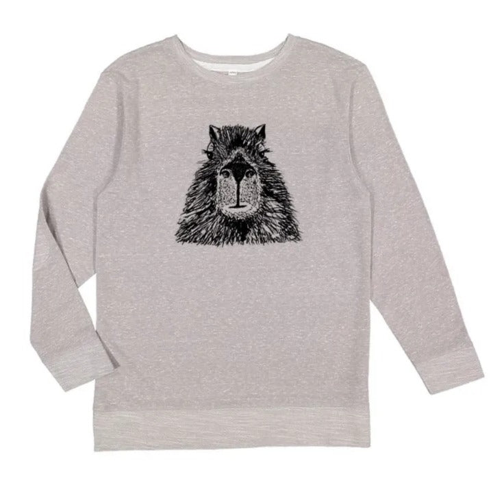 A gray sweatshirt with a black graphic of a lion's head printed on it.