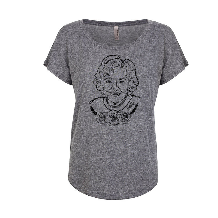 A gray t-shirt with a black and white graphic of a woman's face printed on it.
