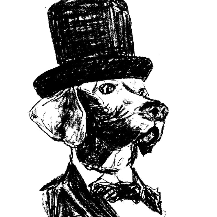 A black and white sketch of a dog wearing a top hat and bow tie.