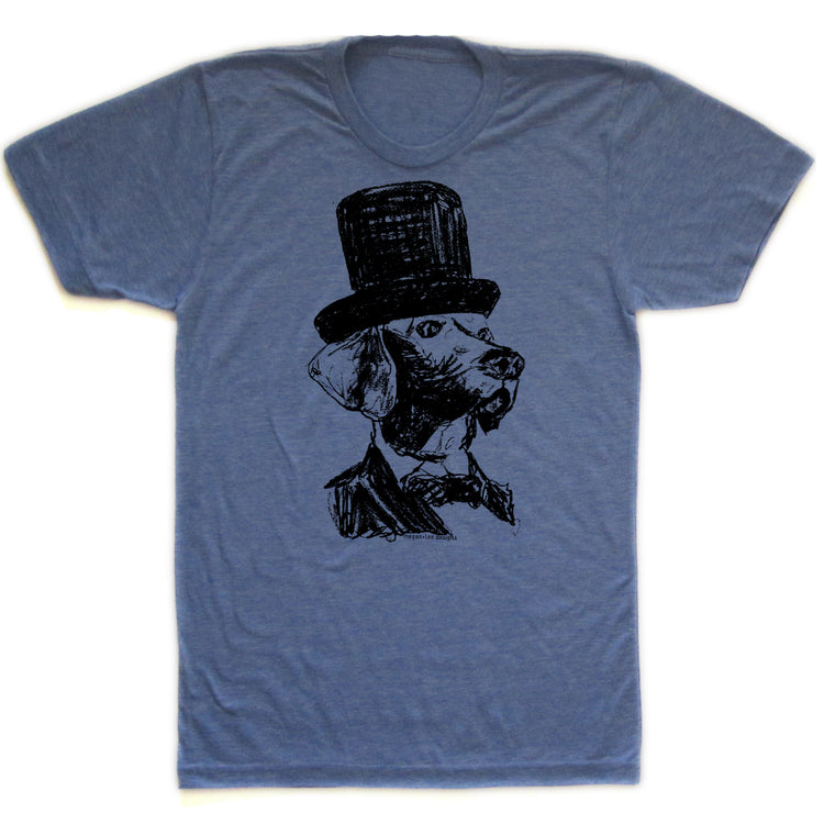 A blue t-shirt with a black illustration of a dog wearing a top hat.