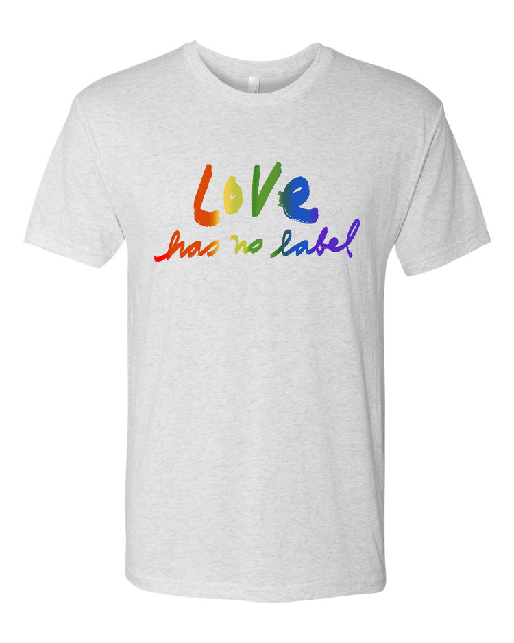 A white t-shirt with the text "Love has no label" printed on it in a rainbow color scheme.