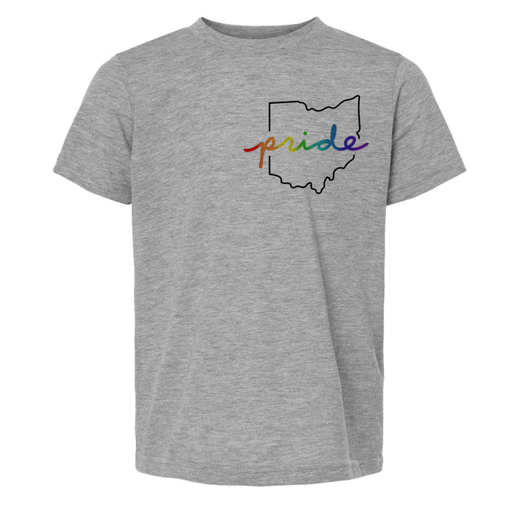 A gray t-shirt with a graphic design on the front, featuring a graphic of the Ohio state outline and the word "pride" written in a rainbow color scheme.