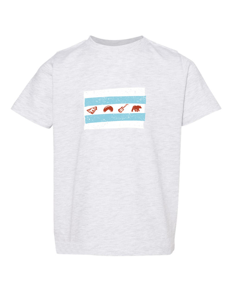 A white t-shirt with a graphic design featuring a blue stripe with three icons, including a guitar, a bear, and a bird.