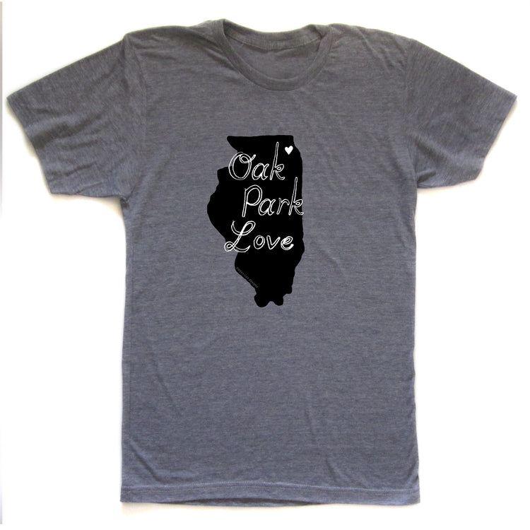 A gray t-shirt with a graphic design featuring a silhouette of a state and the text "OAK PARK LOVE" printed on it.