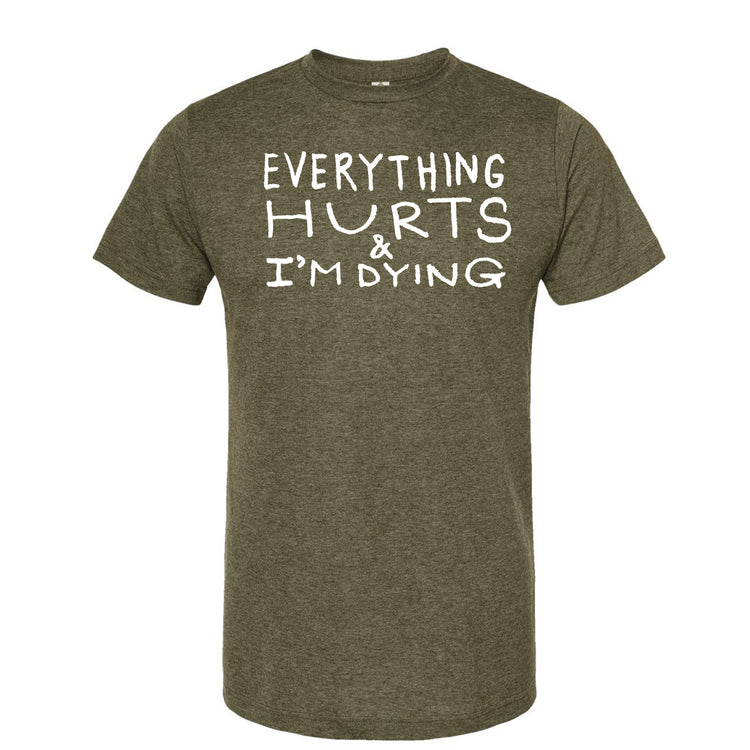 A dark green t-shirt with white text printed on it.