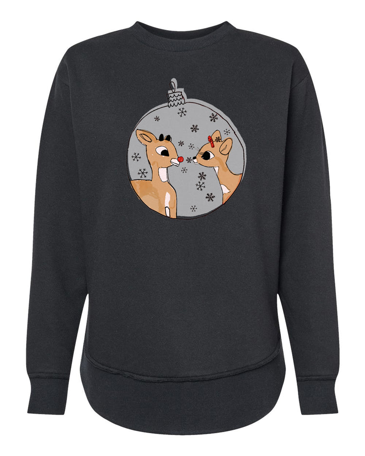 A black sweatshirt with a graphic design featuring two cartoon reindeer inside a snow globe.
