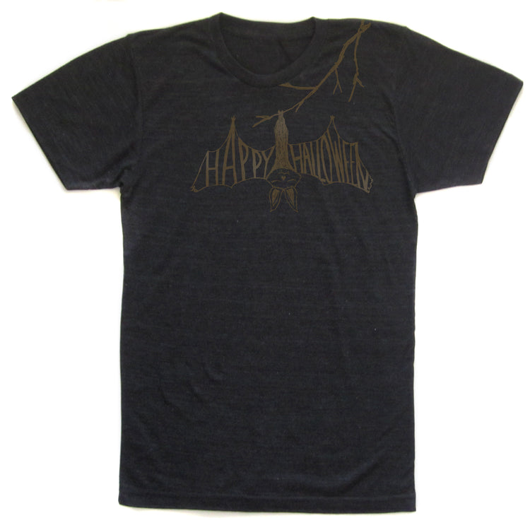 A black t-shirt with a graphic design featuring a bat hanging upside down and the text "Happy Halloween" below it.