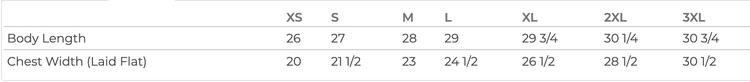 A table with size information for different body lengths and chest widths, along with corresponding measurements.
