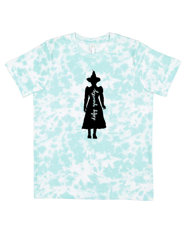 A tie-dye t-shirt with a silhouette of a person wearing a hat and a long dress printed on it.