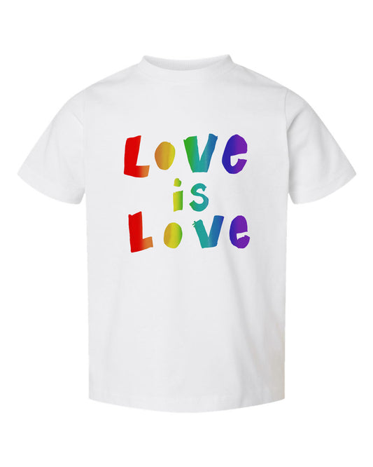 A white t-shirt with the text "Love is Love" printed in a rainbow color scheme.