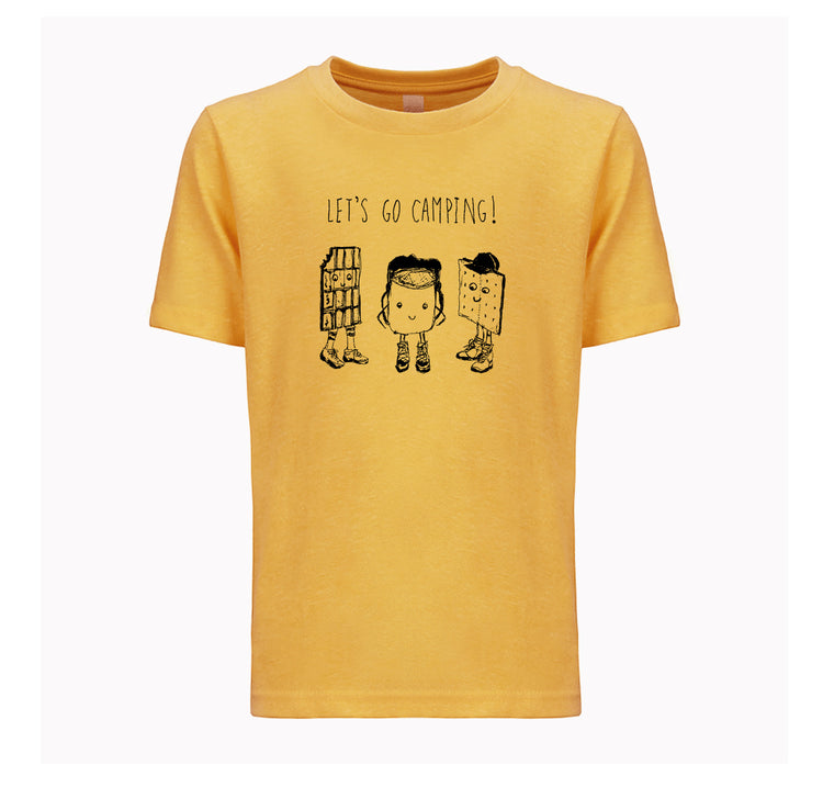 A yellow t-shirt with a graphic design featuring three cartoon-style figures, each with a different pose, accompanied by the text "Let's go camping!"