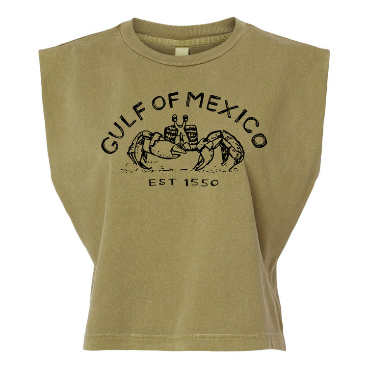 A beige t-shirt with a graphic design featuring a crab and the text "Gulf of Mexico" and "EST 1550".