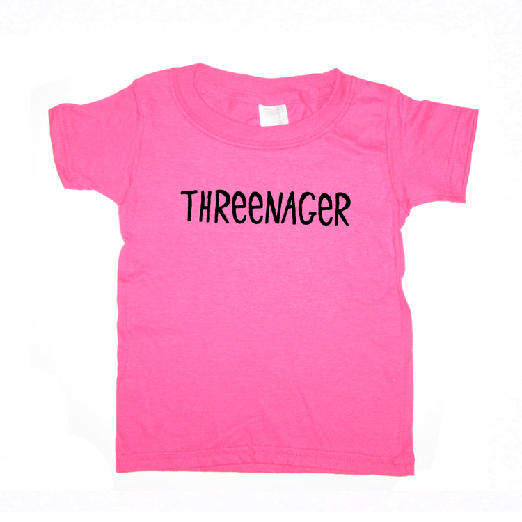 A bright pink t-shirt with the text "THREEENACER" printed on it.