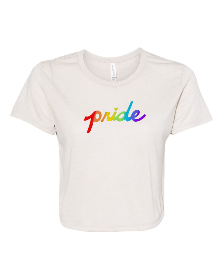A white t-shirt with the word "pride" printed in a rainbow color scheme.