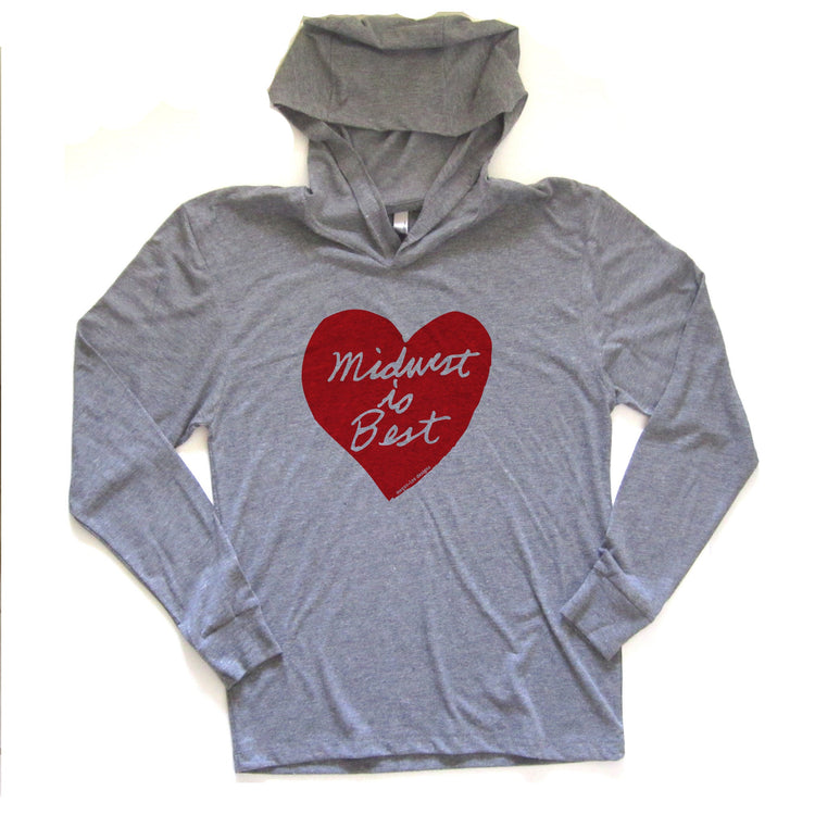 A gray hooded sweatshirt with a red heart-shaped graphic and the text "Midwest So Best" printed on it.