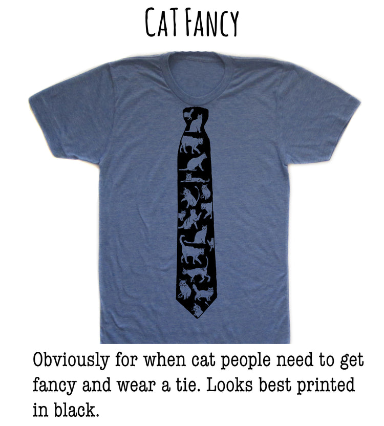 A blue t-shirt with a black tie printed on it, which appears to be a humorous and unconventional design choice for a formal occasion.