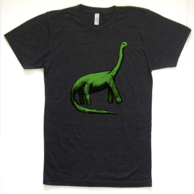 A black t-shirt with a green dinosaur graphic printed on it.