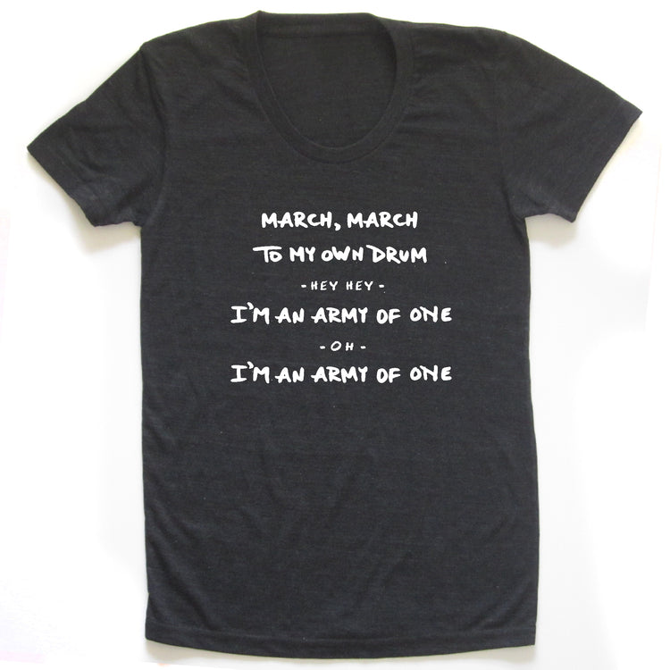 A black t-shirt with white text printed on it.