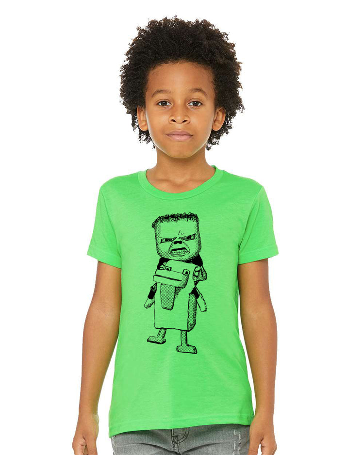 A young boy wearing a lime green t-shirt with a cartoon character printed on it.