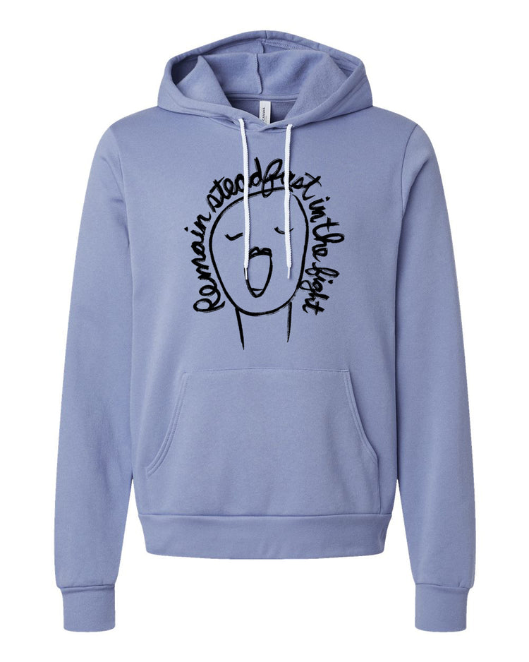 a blue hoodie with a cartoon face on it