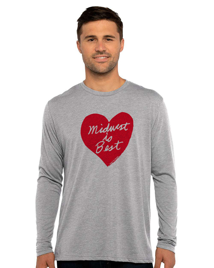 A man wearing a gray long-sleeved shirt with a red heart graphic and the text "Midwest is Best" printed on it.