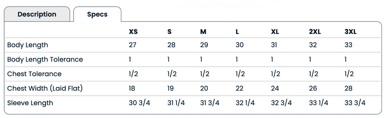 The image is a table with various measurements and descriptions for different sizes of clothing items, such as XS, S, M, L, 2XL, and 3XL.