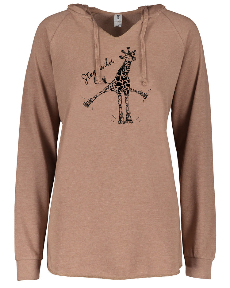 A light brown hoodie with a graphic of a giraffe and the text "Stay wild" printed on it.