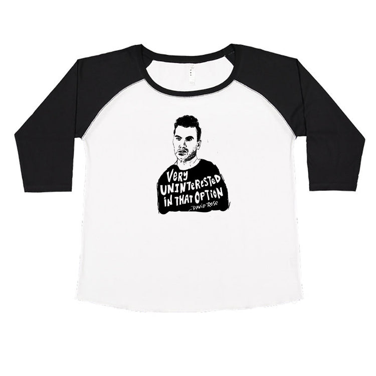 A black and white baseball-style t-shirt with a graphic design featuring a man's face and the text "Very UNINTELLIGENT IN THAT OPTION" printed on it.