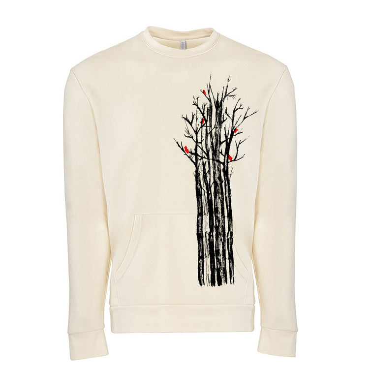 a white sweatshirt with a picture of a tree with red berries on it