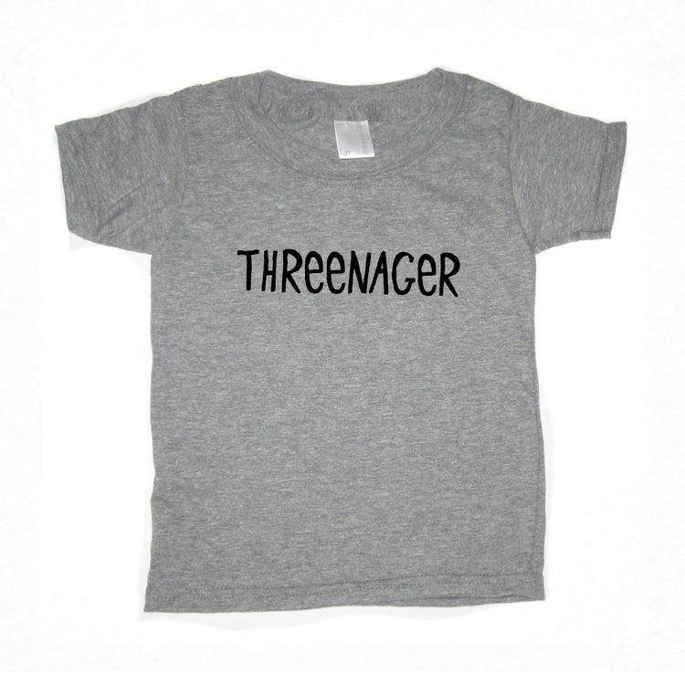 A gray t-shirt with the text "THREEENAGER" printed on it.