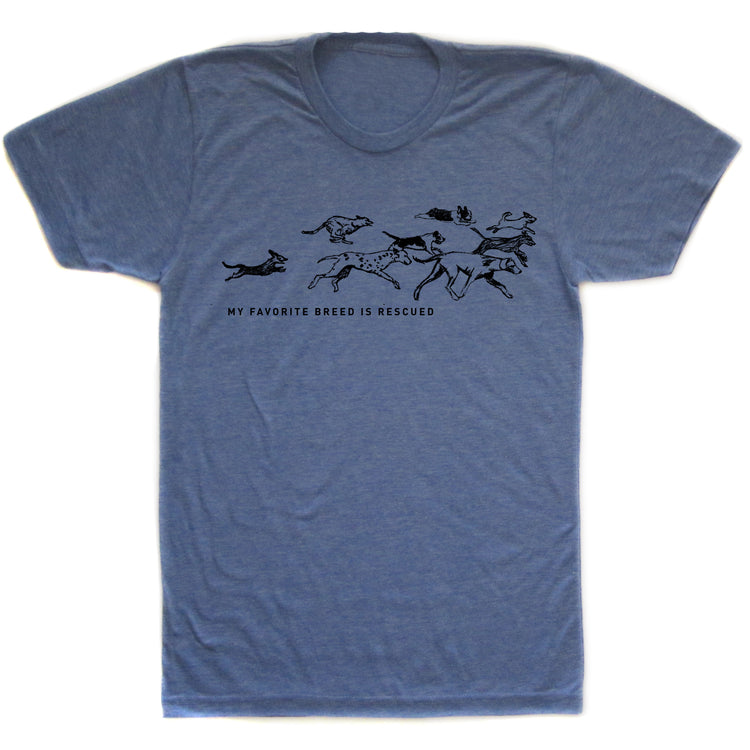 A blue t-shirt with a graphic design depicting a group of dogs running, accompanied by the text "My favorite breed is rescued".